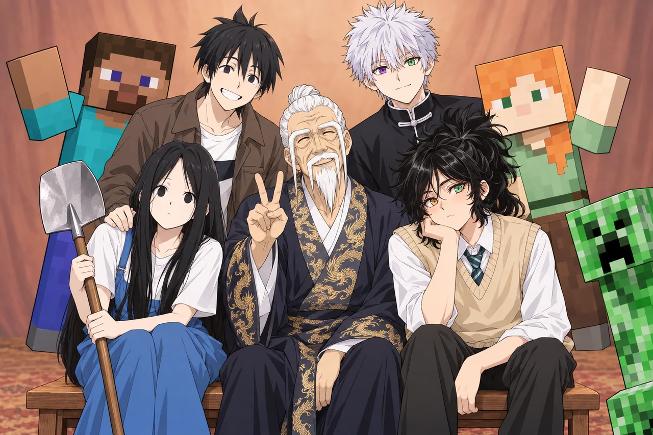 全家福：老天师张之维坐在正中间比着剪刀手，左边冯宝宝扛着铁锹、张楚岚搭着她的肩，右边是海山了和高皓光，Steve 和 Alex 站在后排，一只苦力怕从右边探出头